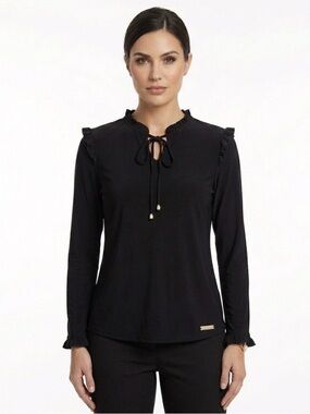 Anne Klein Black Ruffle Tie Neck Long Sleeve Blouse NWT Size Small
